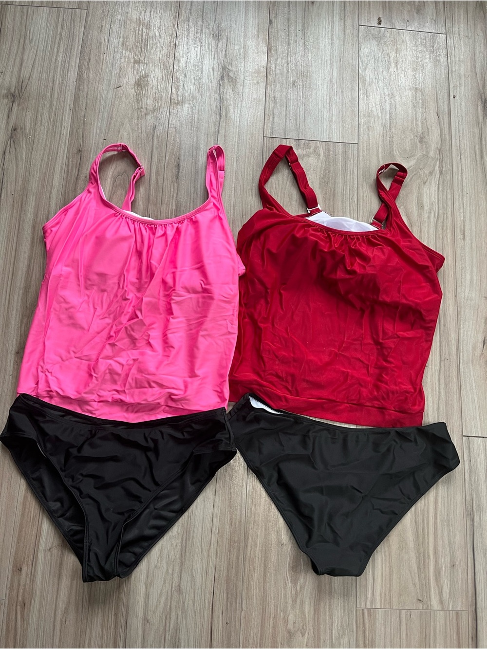 Pink and Red Tankini Tops with Black Bikini Bottoms - Two-Piece Swim Set